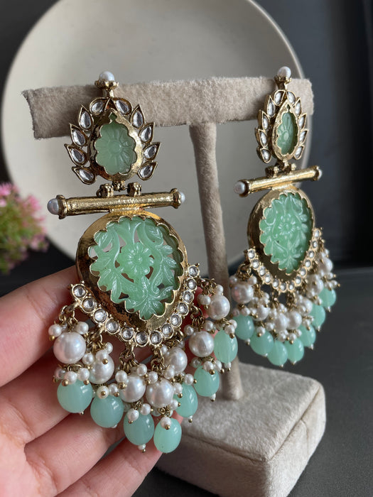 Peacock Design Mint Green Gold Plated Designer Kundan Earrings